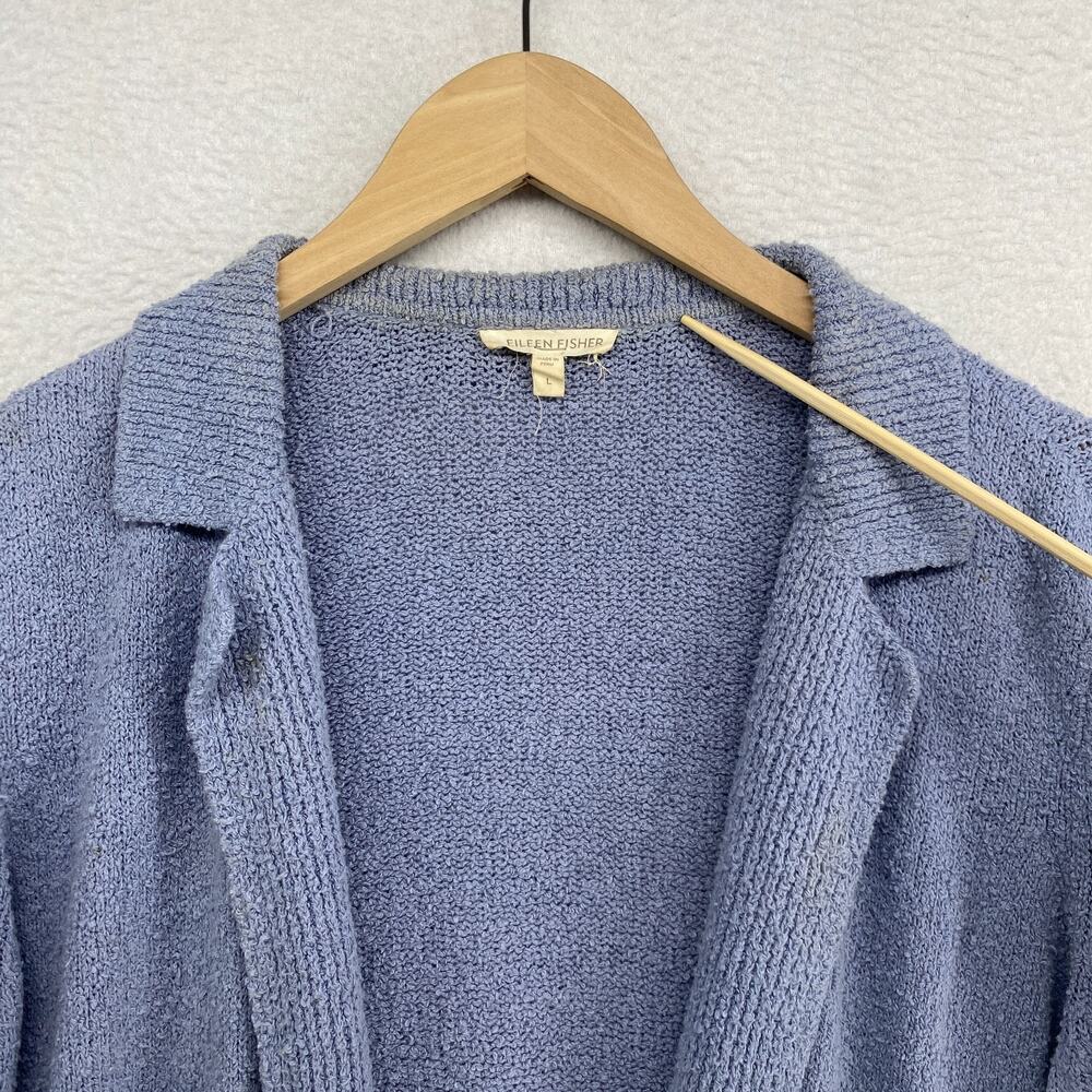 EILEEN FISHER Sweater L Organic Cotton Cardigan Blazer Open Front Pockets Blue - Picture 9 of 14